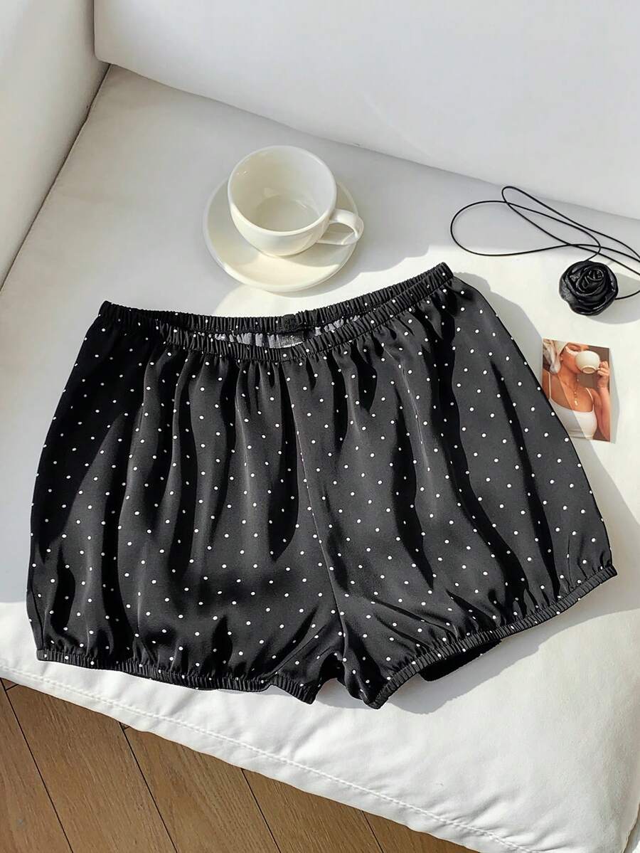 Comfortcana 女士休闲波点印花松紧腰短裤，夏季 - 黑色 - 查看 1