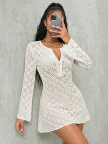 Eryvara Autumn Bell Sleeve Hollow Sexy Beach Knit Dress For Women - White - View 7