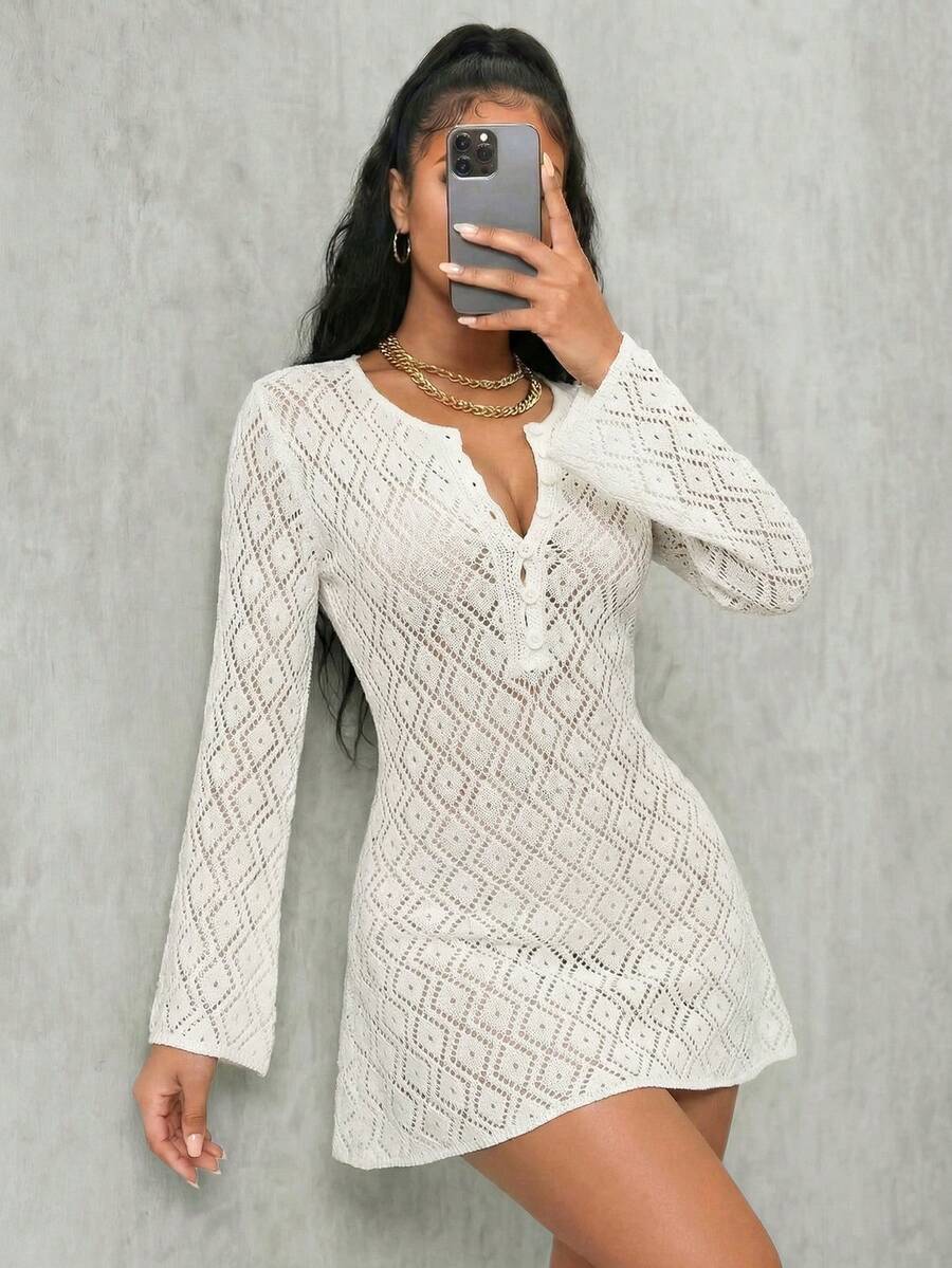 Eryvara 秋季喇叭袖镂空性感沙滩针织连衣裙（女款） - 白色 - 查看 1