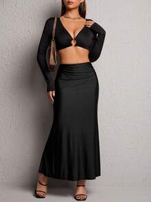 SHEIN PETITE Falda bajo de sirena unicolor fruncido - Negro - Ver 5