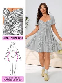 Solflare Plus Size Women Striped Knot Design Ruched Casual Vacation Date Dress - Black and White - View 1