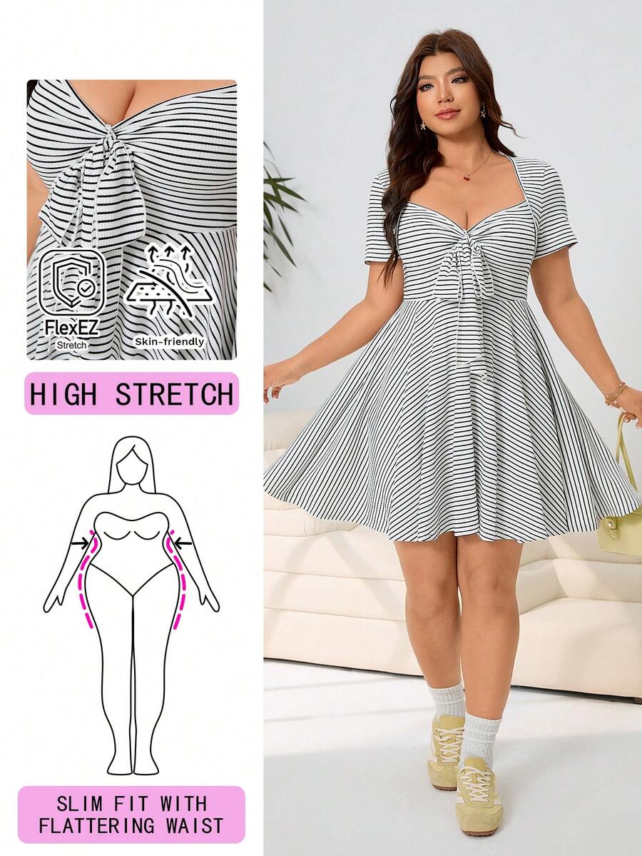 Solflare Plus Size Women Striped Knot Design Ruched Casual Vacation Date Dress - Black and White - View 1
