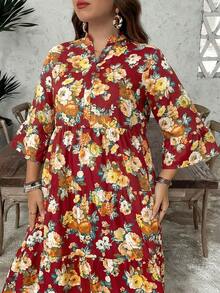 SHEIN LUNE Đầm maxi 4 lớp kiểu búp bê họa tiết hoa phong cách Boho cỡ lớn, thích hợp mặc đi học, dự tiệc tốt nghiệp, dự đám cưới, đi nghỉ mát, đi biển, dự lễ hội, đầm sinh nhật cho nữ. - Đỏ - Xem 6