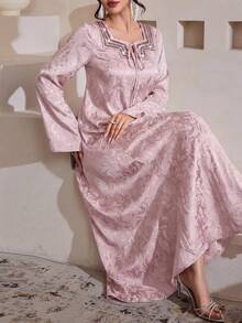 Al Najma Vestido de manga larga acampanada con cuello mao, bordado y jacquard de color borgoña, para primavera/verano - Rosa vieja - Ver 6