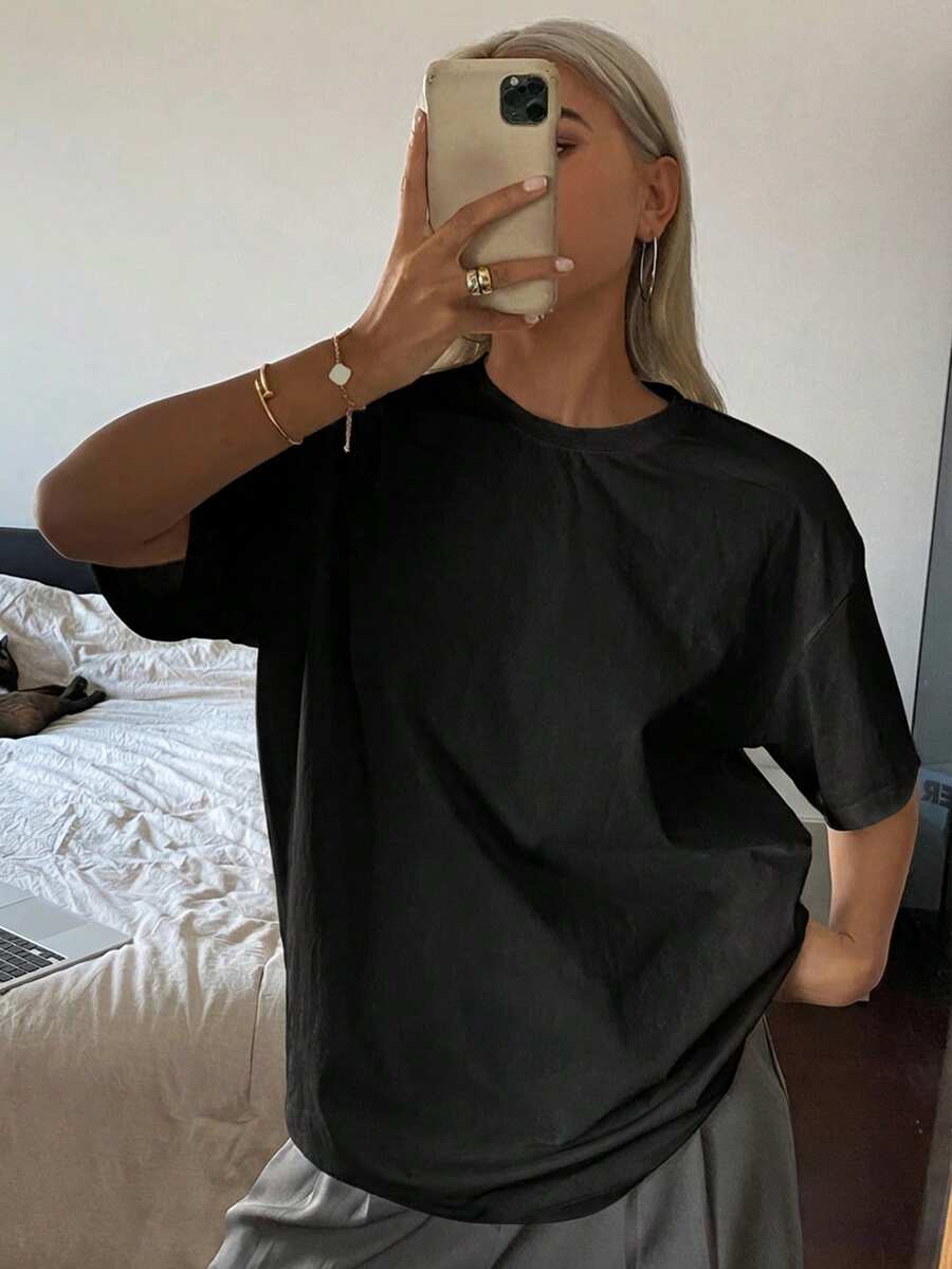 DAZY Solid Color Round Neck Loose Long Short Sleeve T-Shirt For Women - Black - View 1