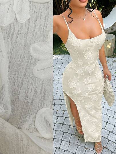 SHEIN SXY Women's Floral Print Slit Design Elegant Waist Cinched Long Strap Dress For Party, Flower Embroidered Dress, Sage Dress, Elegant Dress, Slit Dress,,Summer Dress,Beach ,Vacation, Floral Dress, Sparkly White Dress Ivory Dress Elegant Midi Dress Beach Dinner Dress Elegant Summer ,Dress Luxury Dresses For Women, Dresses For Women Elegant, Reception Gown, Glamarae Elegant Luxurious Dress, Reception Dresses For Bride