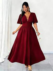 Elenzga Plus Size Women's Elegant Backless Vacation Dress, Versatile Design, 2025 Spring/Summer New Arrival - Burgundy - View 3