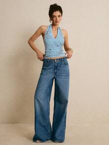 Poéselle Fashionable Sexy Beaded Fitted Halter Neck Sleeveless Top - Blue - View 9