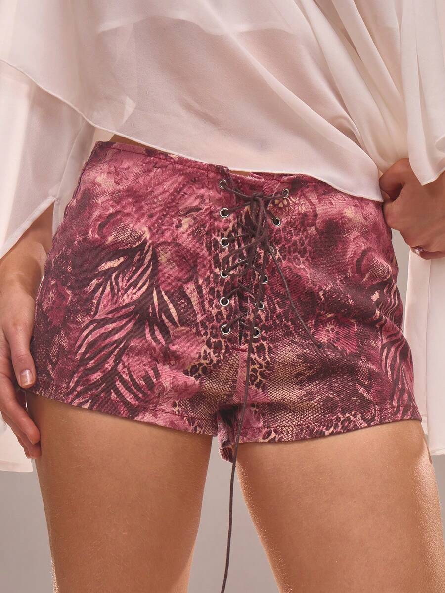 MUSERA Quần short denim siêu ngắn in họa tiết, ôm sát, buộc dây, viền rách, thích hợp cho kỳ nghỉ hè, đi biển, Ibiza, lễ hội, thanh lịch, Cherry Moon. - Màu Đỏ Sâu - Xem 1