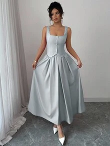 Rafferiza Bộ đồ 2 mảnh thời trang dành cho nữ: áo vest không tay cổ vuông cài một hàng khuy và chân váy xếp ly xòe, đa năng cho mặc hàng ngày. - Xám - Xem 5