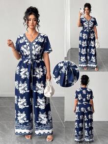 Elenzga Plus Size Elegant Floral Print Jumpsuit, Summer - Multicolor - View 1