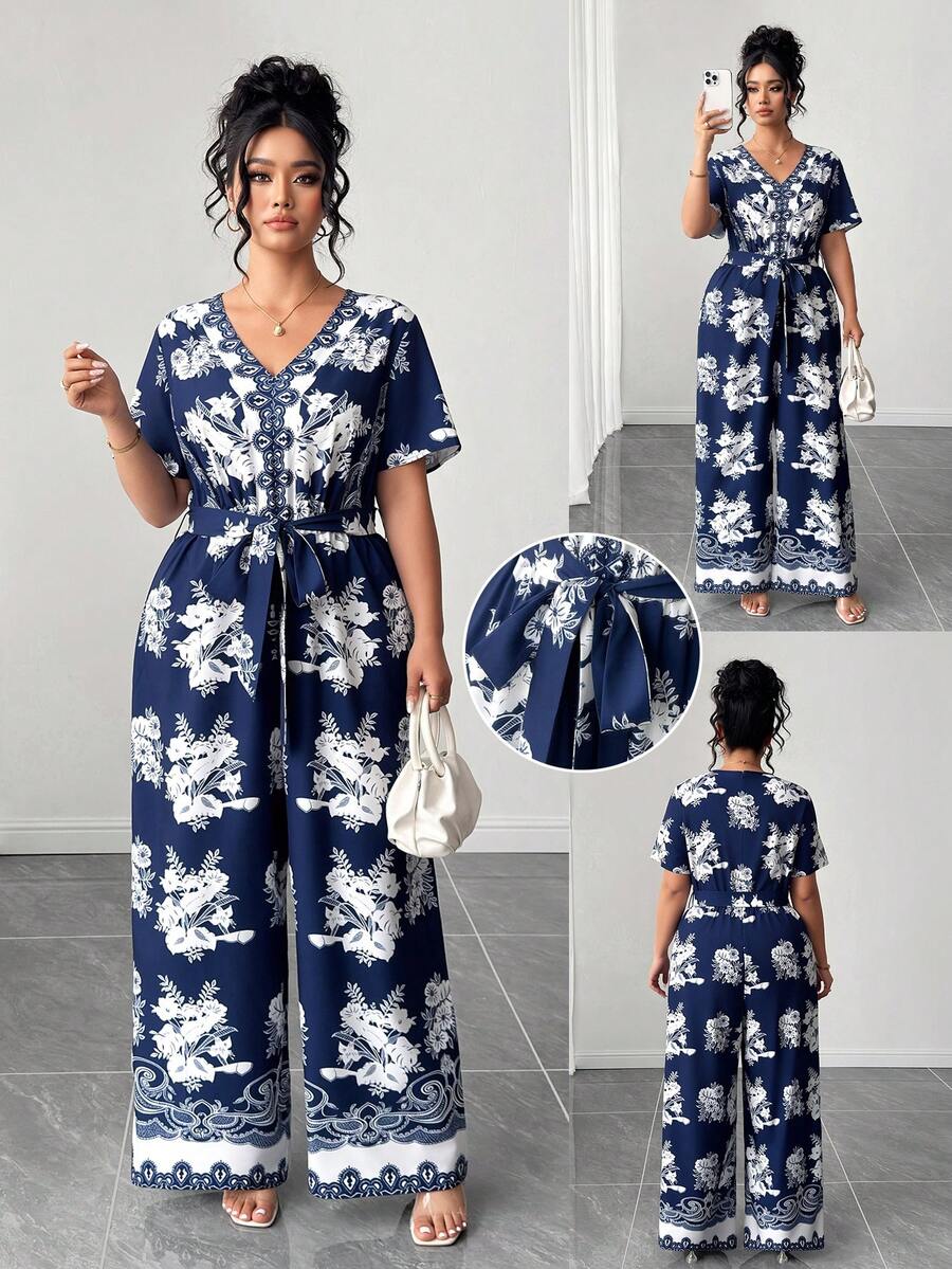 Elenzga Plus Size Elegant Floral Print Jumpsuit, Summer - Multicolor - View 1