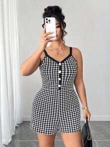Elenzga Plus Size Fashionable Houndstooth Romper For Summer - Black and White - View 7