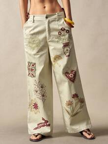 Bohemela Women's Casual Woven Straight Leg Pants Patterned Wideleg Pants - Apricot - View 3