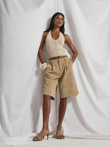 MUSERA V Plunge Crystal Embellished Knit Halterneck Top Cute Summer Spring Going Out Occasion Embellished - Cream - View 3