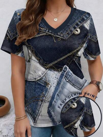 EMERY ROSE 拼接图案斜纹圆领短袖休闲加大码T恤，春季