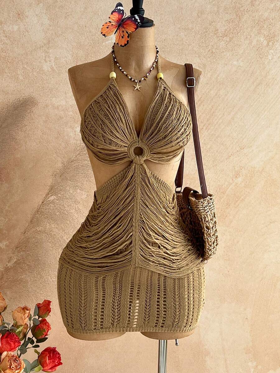 Soleia 女士露背吊带迷你针织度假沙滩裙 - 杏色 - 查看 1