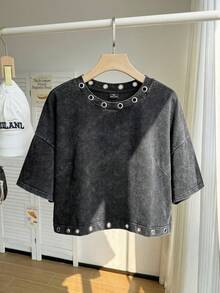 Comfortcana 加大码纯棉水洗雪花短袖T恤，春季 - 黑色 - 查看 1