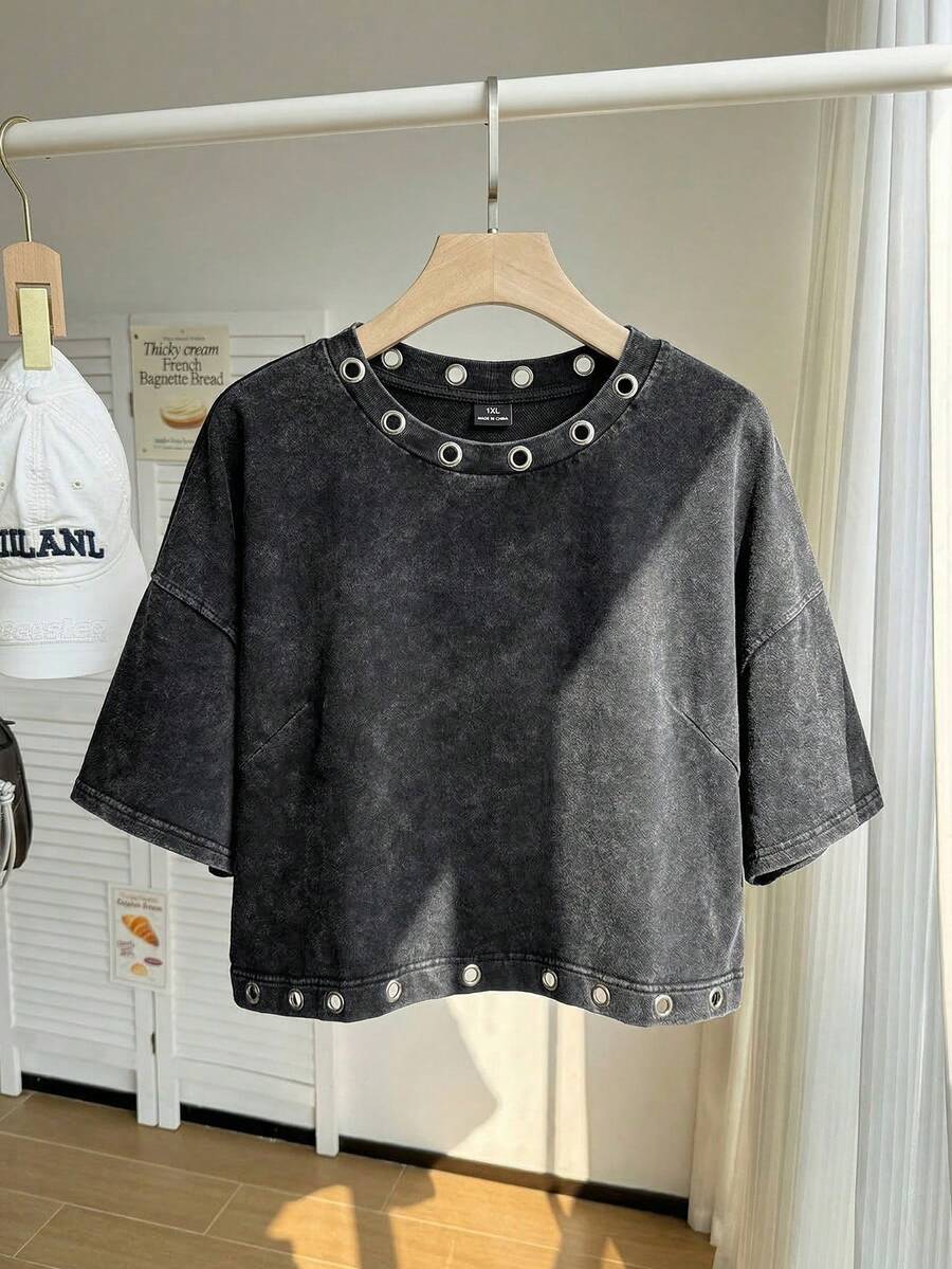 Comfortcana 加大码纯棉水洗雪花短袖T恤，春季 - 黑色 - 查看 1