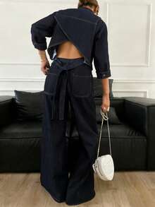 FRIFUL Women's Denim Cropped Jacket With Criss-Cross Back Strap And Wide Leg Jeans Set, Casual City Style For Spring - Dark Wash - View 1