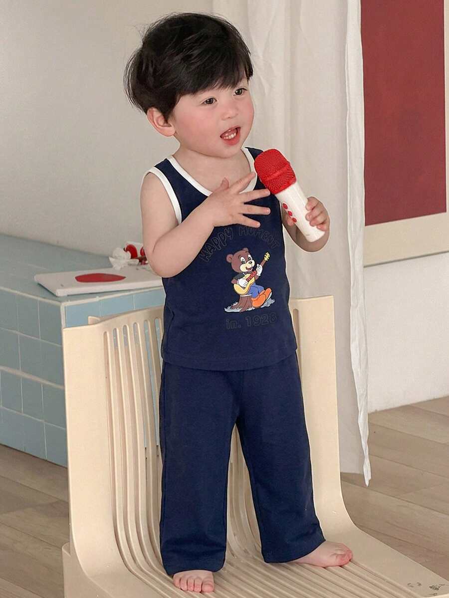 DAZY 2件組男嬰卡通印花圓領背心與長褲睡衣套裝 夏季幼兒 - 藍色 - 查看 1