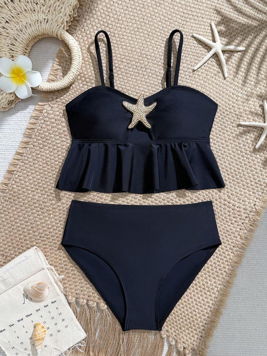 SHEIN 少女夏季海滩度假金属海星装饰荷叶边吊带泳衣，黑色优雅水钻海星装饰荷叶边上衣高腰短裤两件套速干透气泳衣，适合宝宝海滩度假，少女泳衣两件套比基尼套装，适合8岁女孩。 - 黑色 - View 1