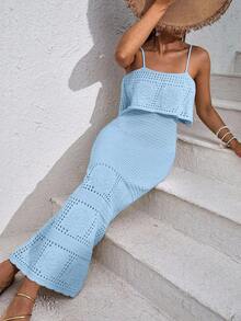 EURMUSE Women's Solid Color Vacation Style Dress With Openwork - Baby Blue - View 7