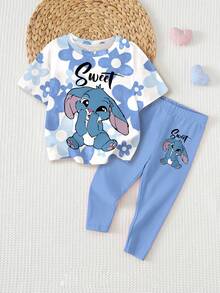 SHEIN 可爱卡通蓝色兔子露露和史迪奇图案，芭蕾舞风格，蓝色渐变花卉，女婴休闲宽松圆领短袖T恤和打底裤套装，适合春夏穿着，可爱夏季服装，夏季儿童单品 - 彩色 - 查看 2