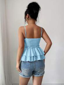 Elenzga 女士休闲度假雪纺镂空不对称叠层吊带衫 - 淺藍色 - 查看 2