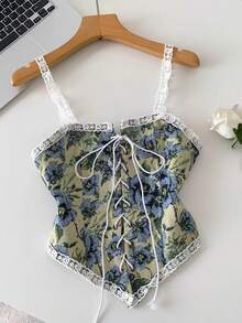 Lyxana Women's Elegant Green Floral Summer Tea Party Retro Sleeveless Camisole Slim Jacquard Lace Trim Drawstring Bow Tie Fashion Cardigan - Green - View 1