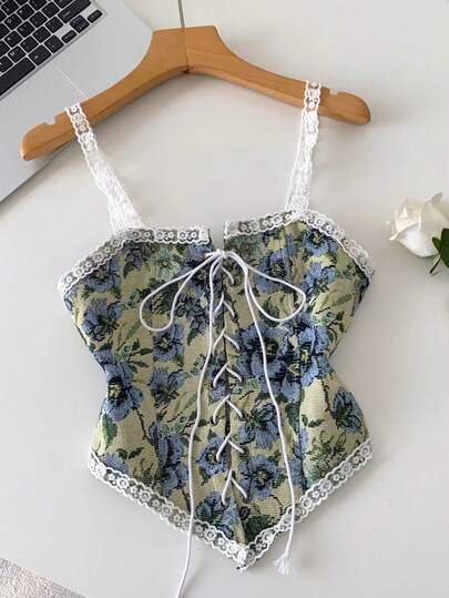 GlowEve 女士优雅时尚通勤休闲舒适迷人复古简约高端浪漫假日无袖吊带修身开衫，带抽绳蝴蝶结提花花卉蕾丝饰边设计（随机印花）