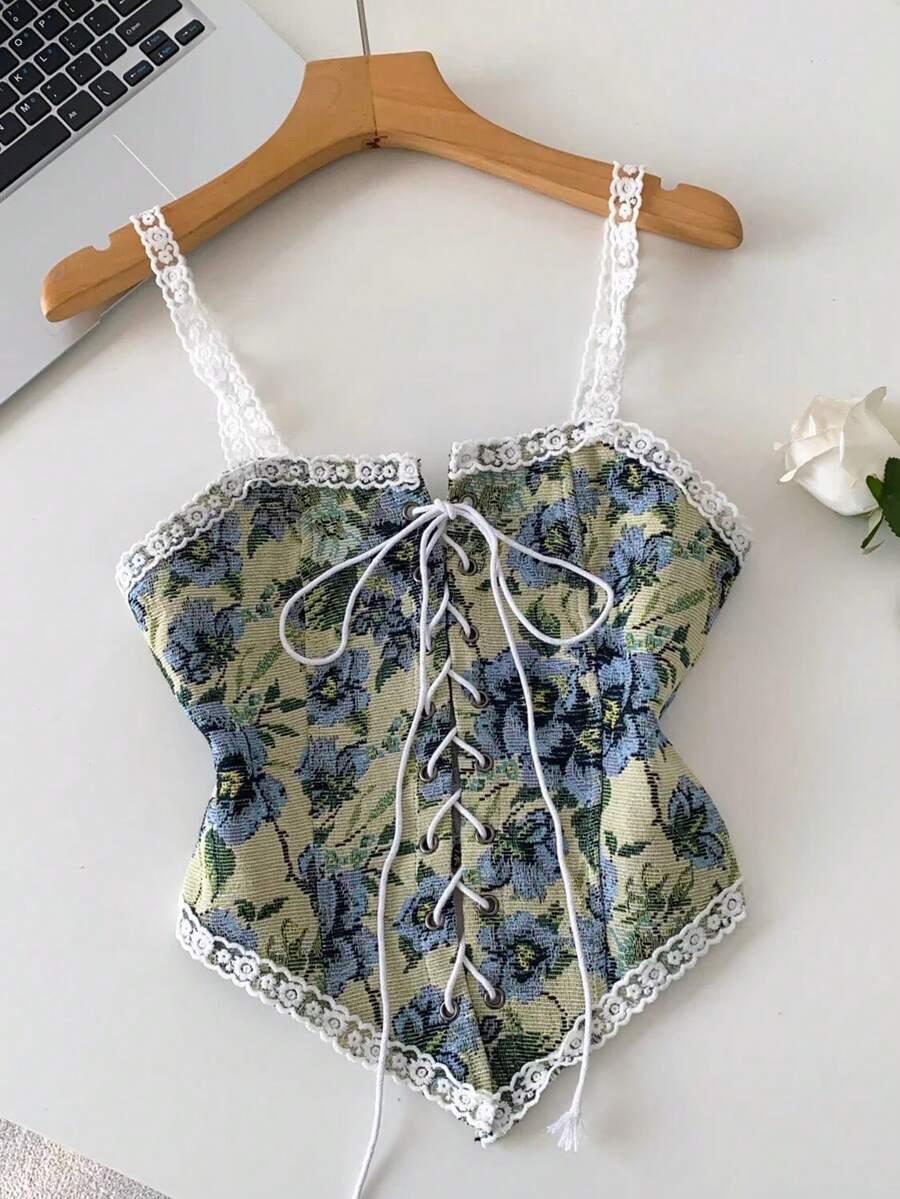 Lyxana Women's Elegant Green Floral Summer Tea Party Retro Sleeveless Camisole Slim Jacquard Lace Trim Drawstring Bow Tie Fashion Cardigan - Green - View 1