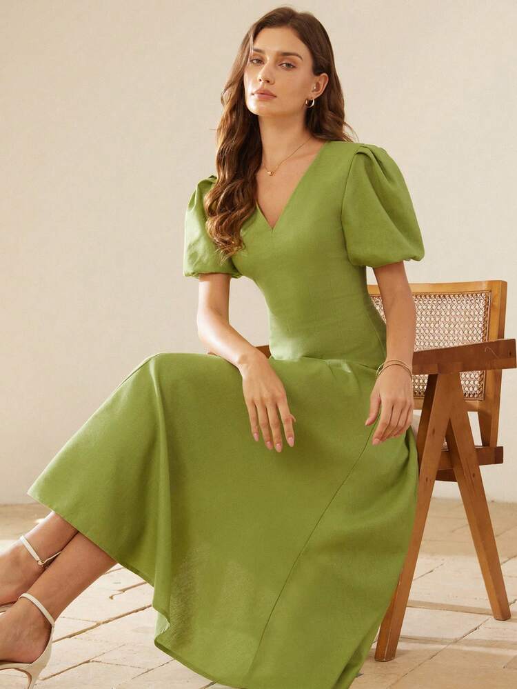 Aveloria Rosie Novo Vestido de Manga Curta Elegante e Retrô com Design Francês Elogioso que Afina a Cintura - Verde - Visão 2