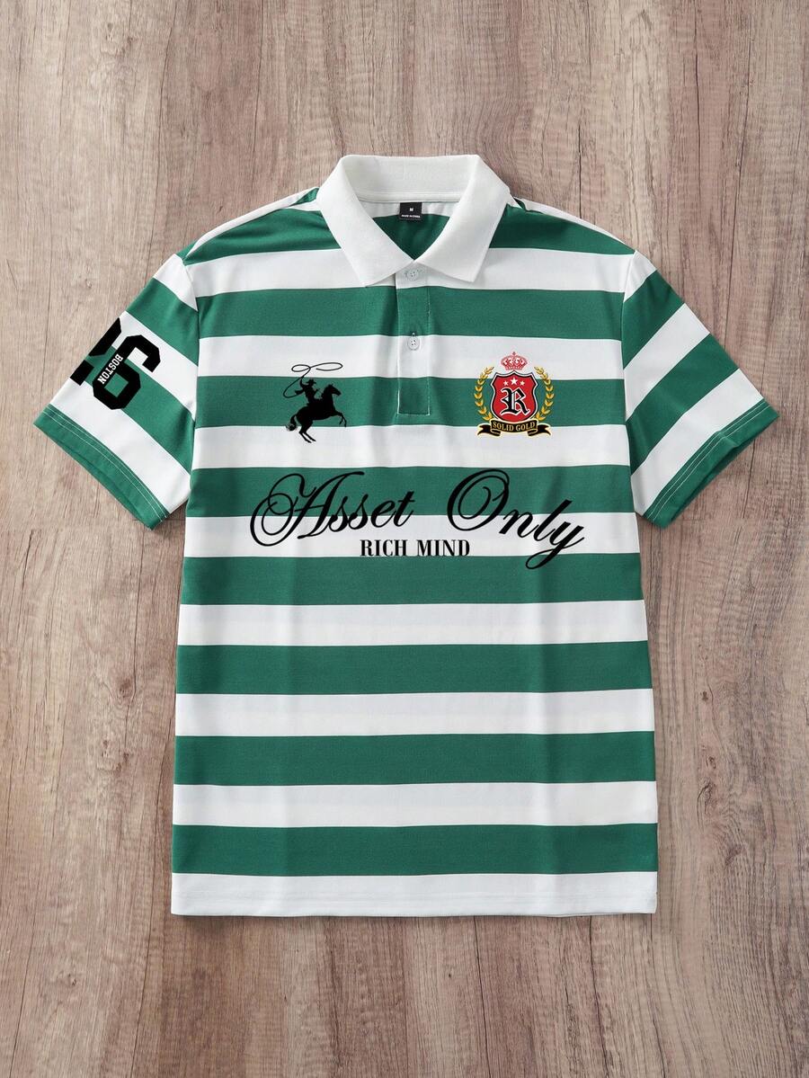 Manfinity Joysei 男士休闲徽章图案绿白条纹Polo衫，适合夏季郊游、上学、送朋友 - 綠色 - 查看 1