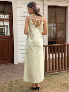 Livesso 女士吊带条纹度假沙滩奶油黄中长连衣裙 - 黃色 - 查看 2