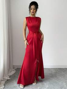 SHEIN Elenzya 无袖束腰珍珠流苏装饰优雅浪漫精致女士派对礼服 - 紅色 - 查看 4