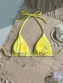 Swim Mod 随机金色贝壳印花露背比基尼上衣，性感泳装上衣，适合夏季度假 - 黃色 - 查看 2