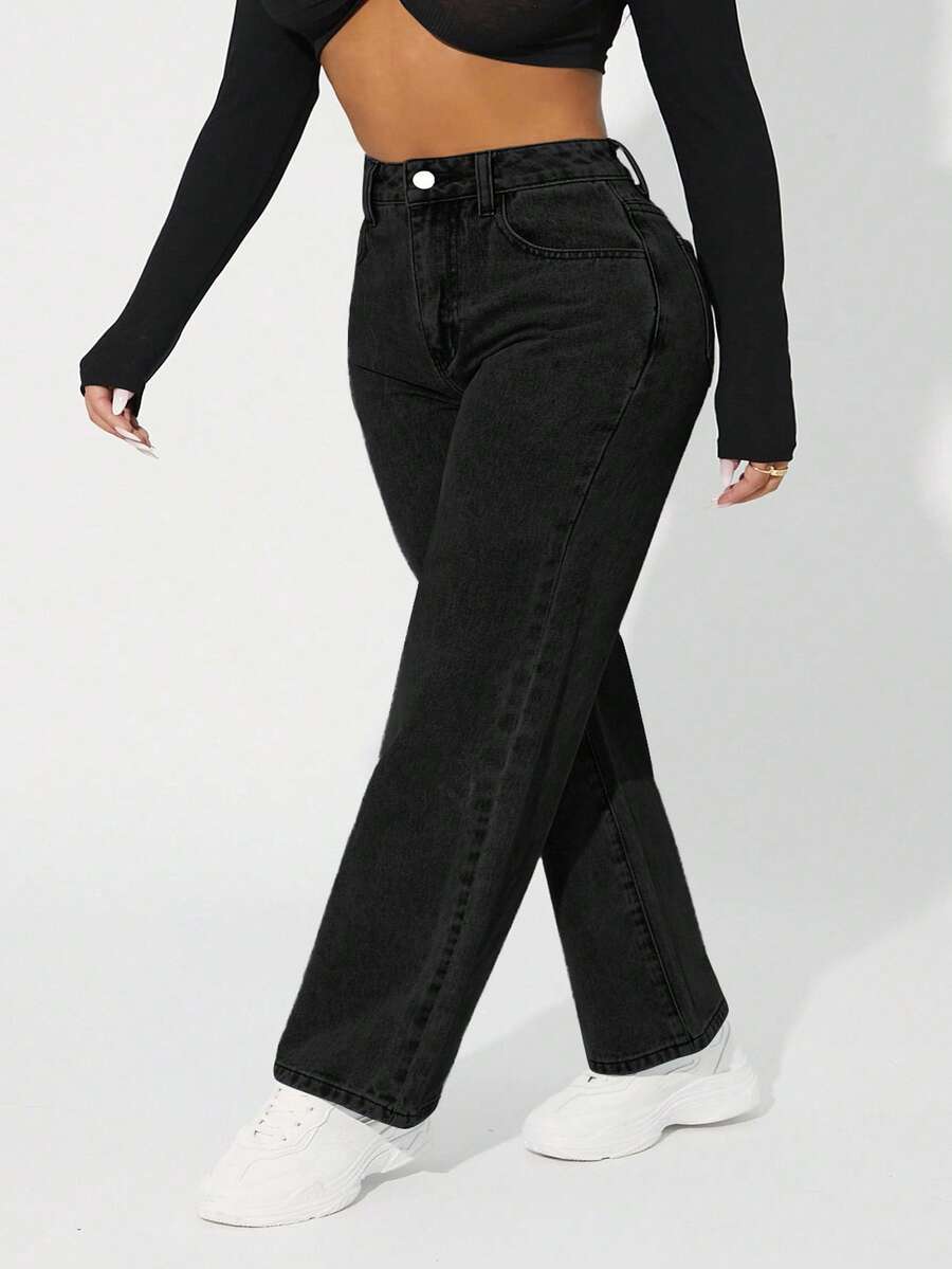 SHEIN ICON Jeans de mezclilla negra sin estiramiento de moda callejera para mujer de talla grande - Negro - Ver 1