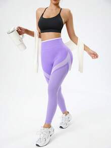 Sovereign Charm 女士条纹高腰休闲健身紧身裤 - 淡紫色 - 查看 4