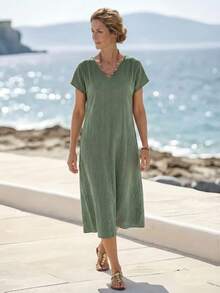 Faunlyn Đầm ngắn tay kẻ sọc hoa văn cổ chữ V xẻ sâu dành cho nữ mùa hè - màu xanh lá - Xem 4