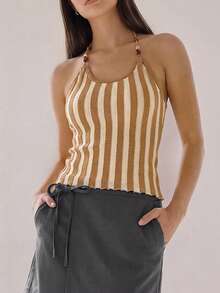 Muvela New Khaki Striped Adjustable Beaded Tie-Up Neck Knit Top, Elegant Urban Commuter Wear For Women, Spring/Summer - Coffee Brown - View 3