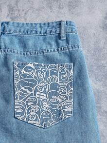 Manfinity ZONE917 男士休闲时尚街头卡通字母印花宽松阔腿牛仔裤，不含腰带 - 淺色水洗藍 - 查看 5