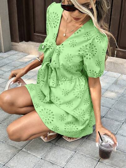 Pariaura Women's Spring/Summer French Style Casual Minimalist V-Neck Short Sleeve Bow Tie Waist Cinching Delicate Hollow Embroidered Short Red Half-Placket Dress