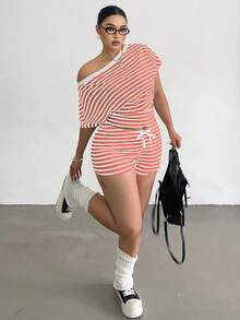 Flirla Conjunto de top sexy de hombros descubiertos a rayas y shorts casuales con cordón - Multicolor - Ver 5
