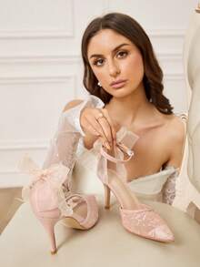 CUCCOO HITCHD 女士尖头高跟镂空粉色蕾丝蝴蝶结贴花优雅浪漫透气婚礼派对高跟鞋 - 粉色 - 查看 3