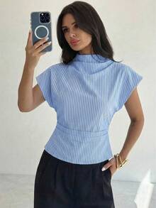 Firerie Wrinkled Collar Asymmetrical Sleeve Side Ruched Cinched Waist Commuter Apricot Bamboo Fiber Linen Blouse For Women,Blue And White Striped Long Sleeve Tie-Waist Shirt - Casual Commuter Vacation Blouse, Cinched Waist Elegant Bohemian Top, All Season - Blue and White - View 2