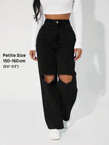 SHEIN PETITE Quần jean nữ Nút Cắt ra Dây kéo màu trơn - màu đen - Xem 5