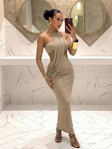 Slaydiva 早春新款、春夏音乐节、情人节、复活节、波西米亚风、游牧风、休闲、简约基础款、邮轮派对、生日派对、日常约会、休闲度假、优雅通勤、露背吊带、细带、波浪设计、露腰露背、臀部褶皱、显瘦长裙、卡其色连衣裙、女士长裙 -A - 卡其色 - 查看 1