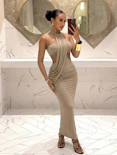 Slaydiva New Early Spring, Spring And Summer Music Festival, Valentine's Day, Easter, Bohemian Style, Nomadic Style, Casual, Simple And Basic, Cruise Party, Birthday Party, Daily Date, Casual Vacation, Elegant Commuting, Halter, Strappy, Wavy Design, Waist And Back Exposed, Hip Pleated, Slimming Long Dress, Khaki Dress, Long Dress For Women -A