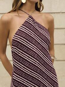 Nöista Halter Neck Dress With Diagonal Irregular Stripes, Summer, Spring, Easter. - Brown - View 8
